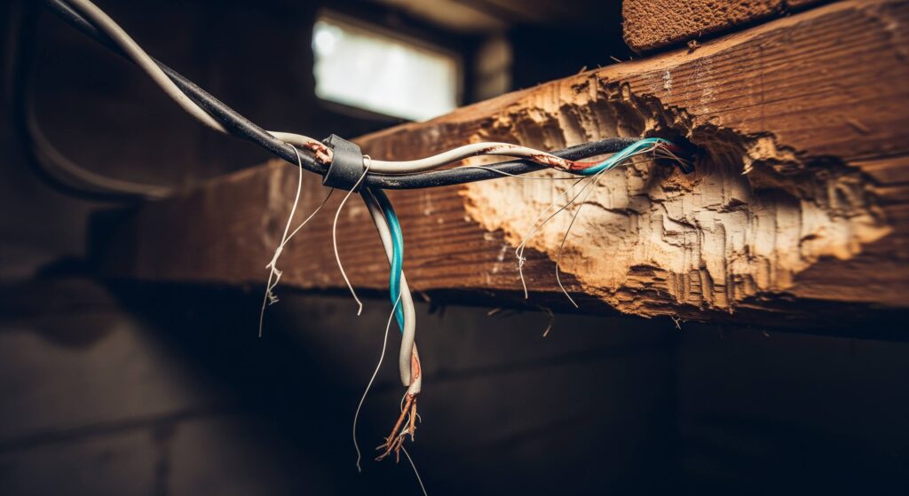 rat-damage-wires-wood-glasgow-home Chewed wires and wood caused by rat infestation in Glasgow home