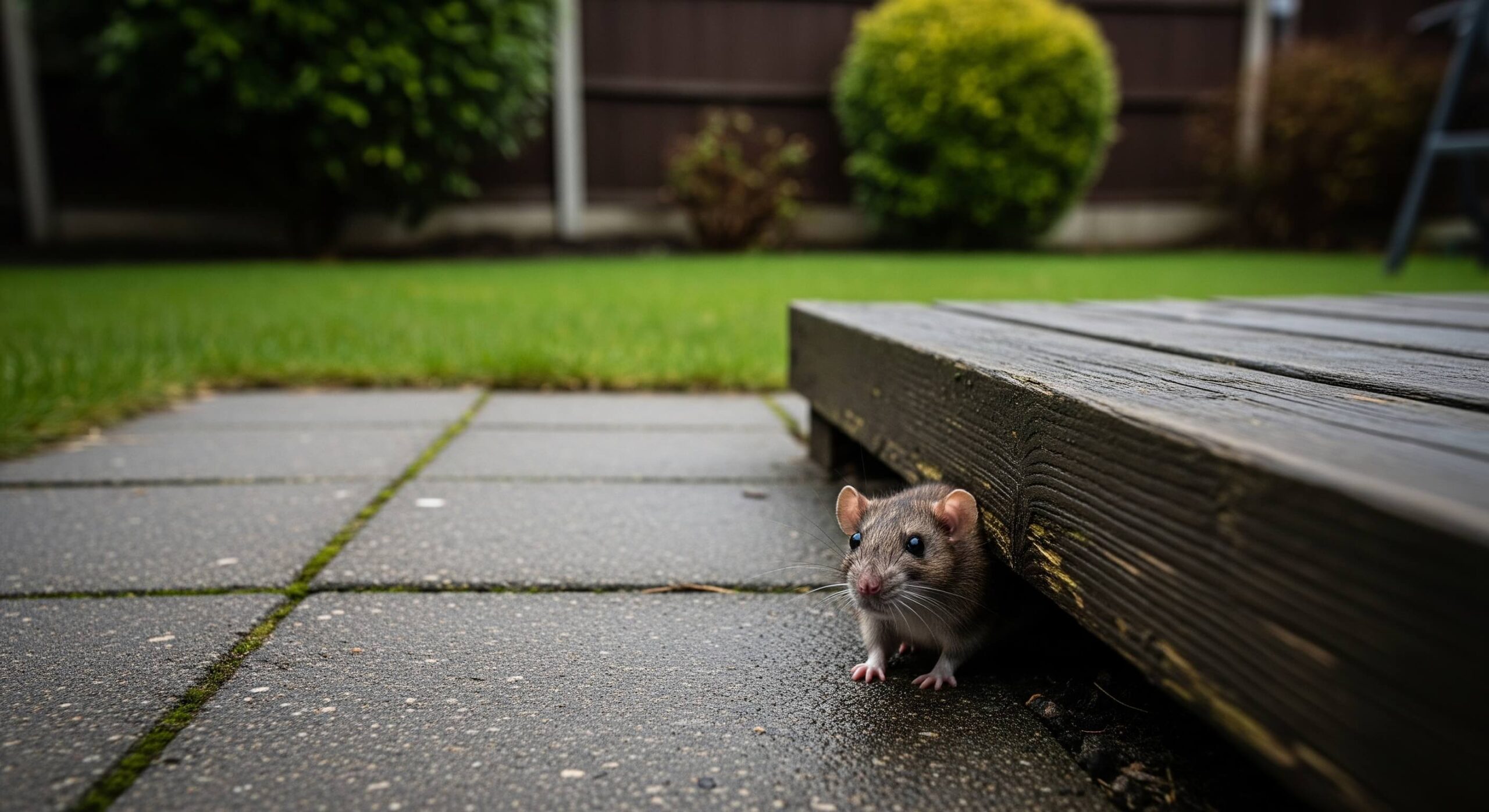 Rat emerging from beneath garden decking in Glasgow.
