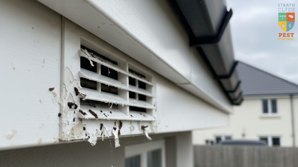 Chew holes on fascia board showing common squirrel entry points in East Kilbride homes