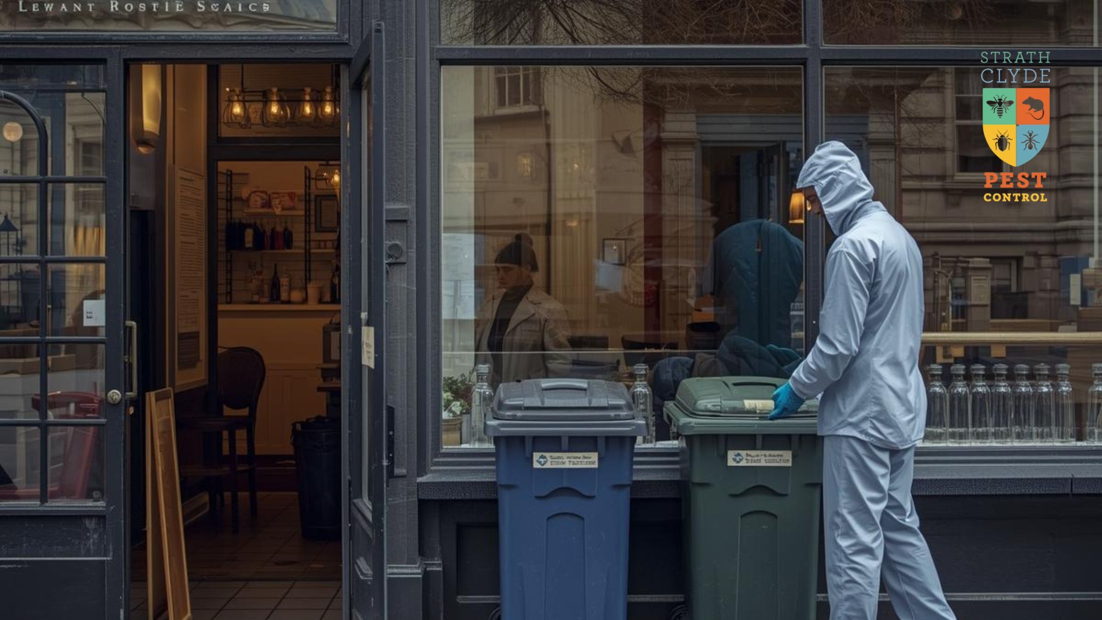 Pest control technician inspecting a restaurant delivery area in Glasgow during winter to prevent rodents and pests.