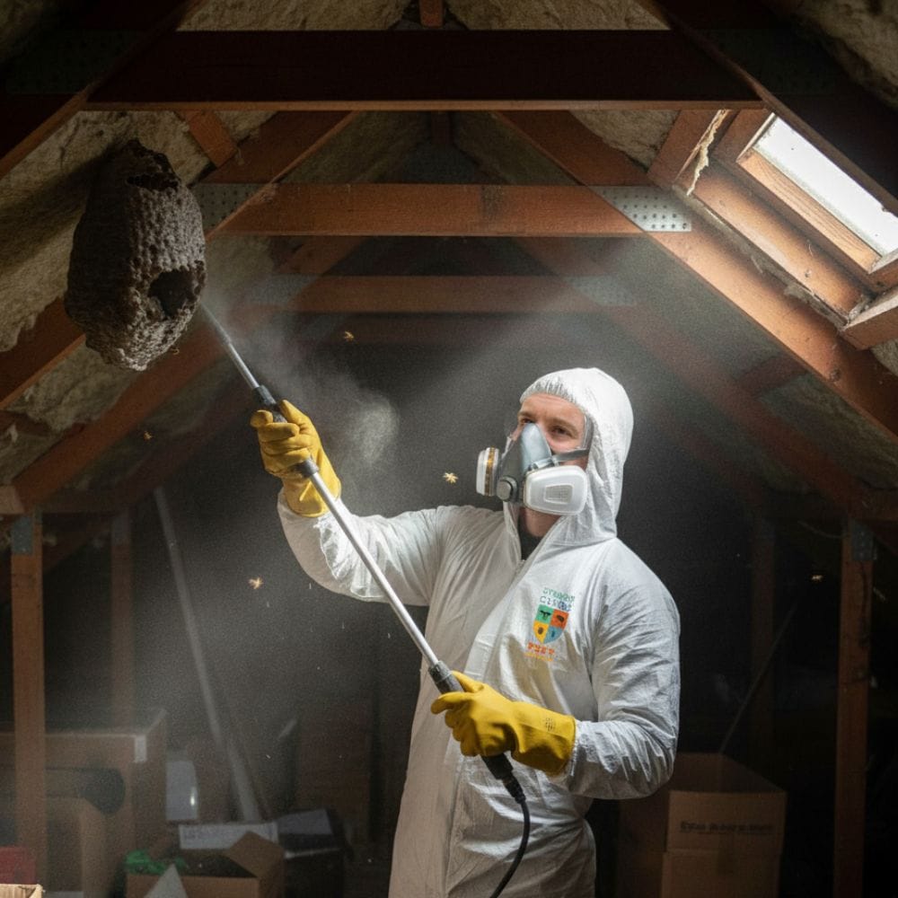 Applying a professional-grade wasp treatment to an eaves nest