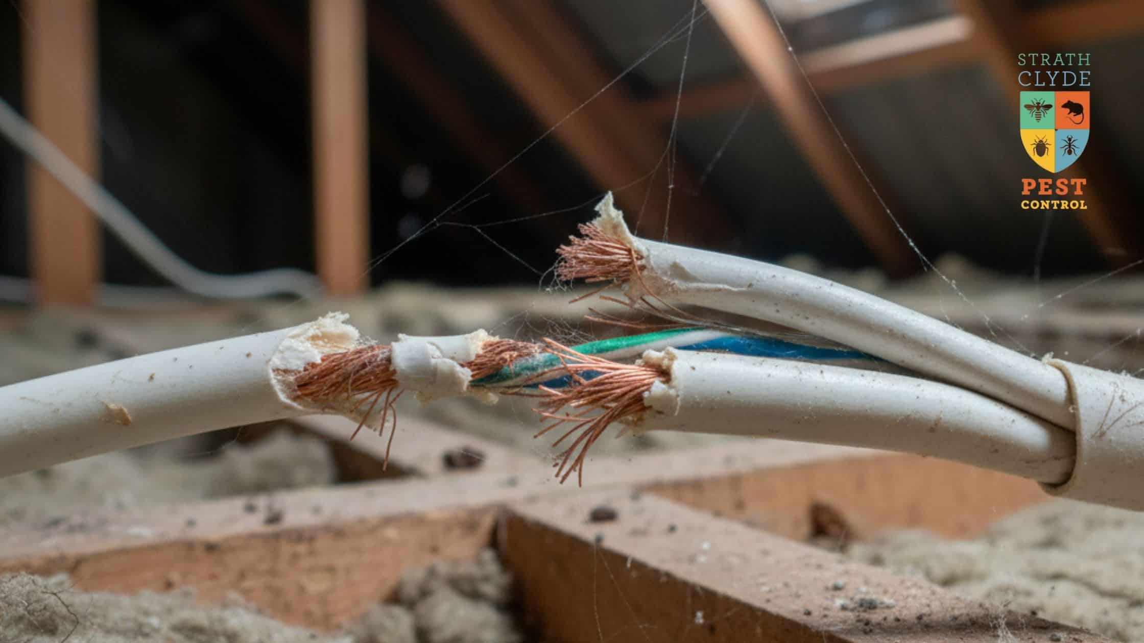 Dimly lit loft in a Glasgow home showing exposed electrical wires and chewed cable insulation, highlighting winter rodent damage.