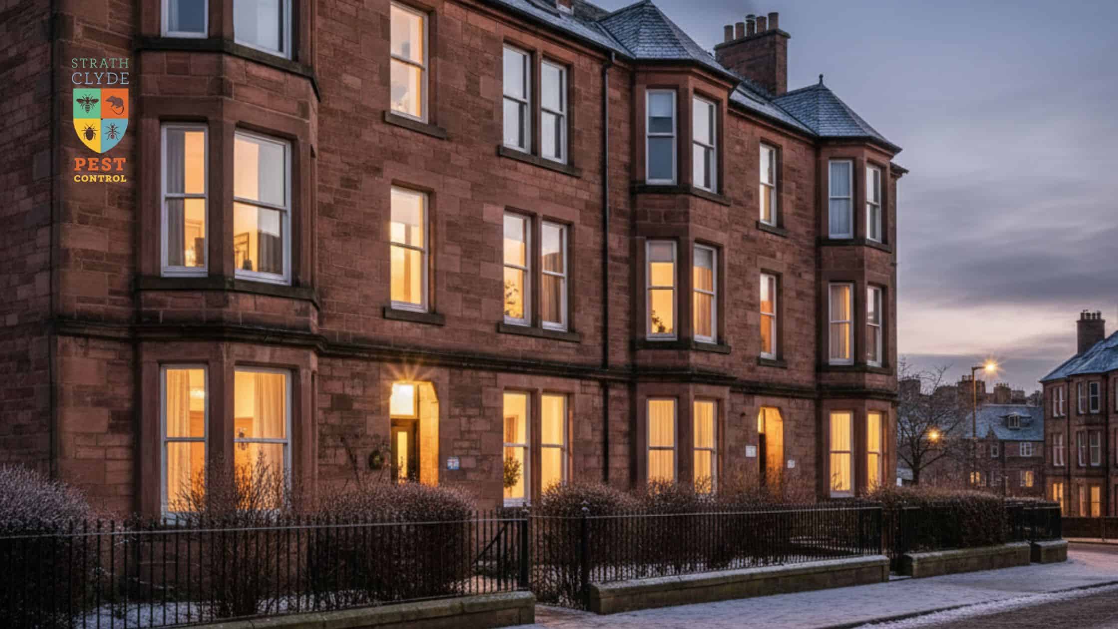 A winter exterior view of a Glasgow home with frost on the roof, highlighting the season when hidden pest problems often develop indoors.