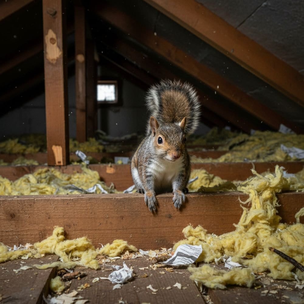 Grey squirrel inside a loft near insulation and wooden beams