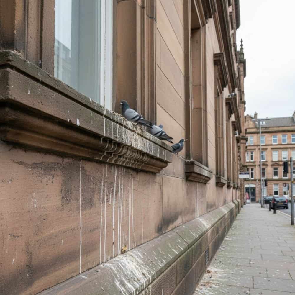 Pigeon droppings and feathers on a building ledge showing signs of a pigeon problem