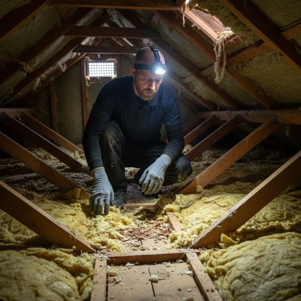 Pest control technician inspecting squirrel damage inside a loft