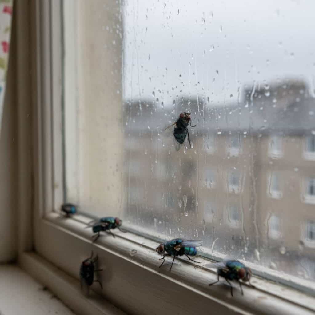 flying-insects-glasgow-window Bluebottle flies on a Glasgow home window frame