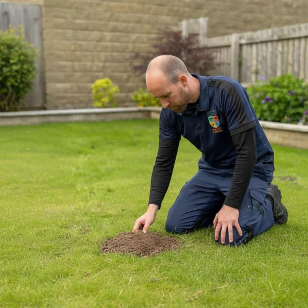 mole-control-glasgow-technician-inspection Technician inspecting active mole run for mole control in Glasgow