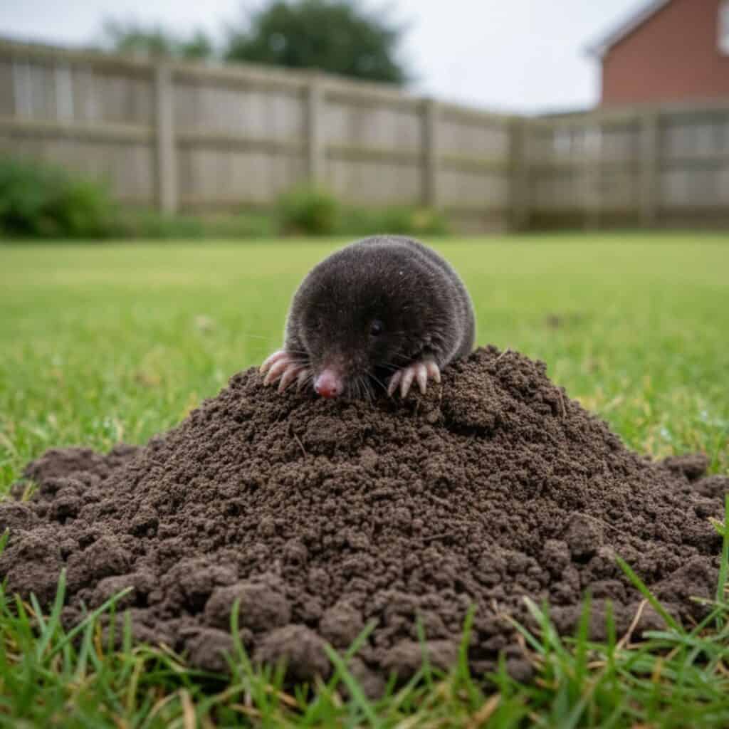 mole-emerging-from-hill-in-glasgow-garden A Mole emerging from a hole in a glasgow garden that shows the property needs mole control