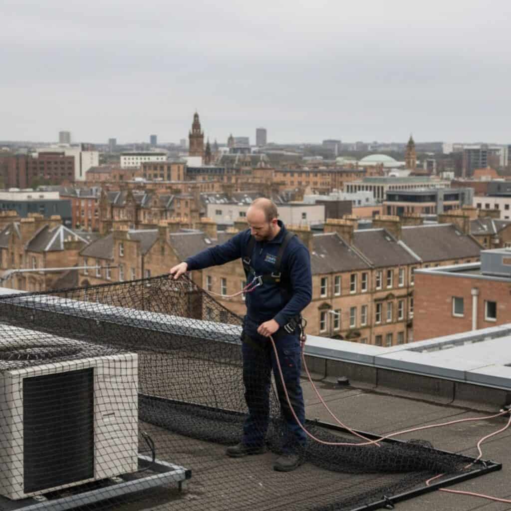 seagull-control-glasgow-technician-installing-netting Technician installing seagull proofing netting on a Glasgow roof