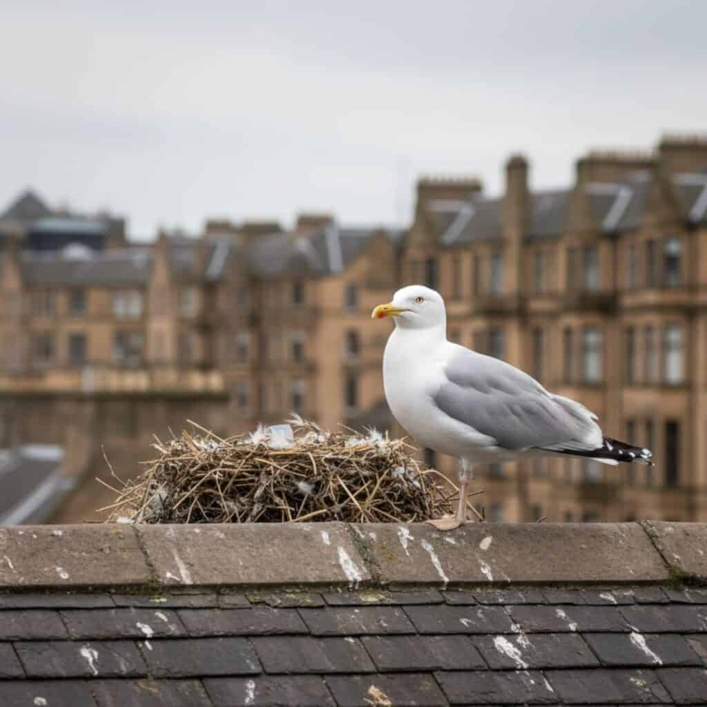 seagull-nesting-glasgow-rooftop Seagull nesting on a rooftop in Glasgow