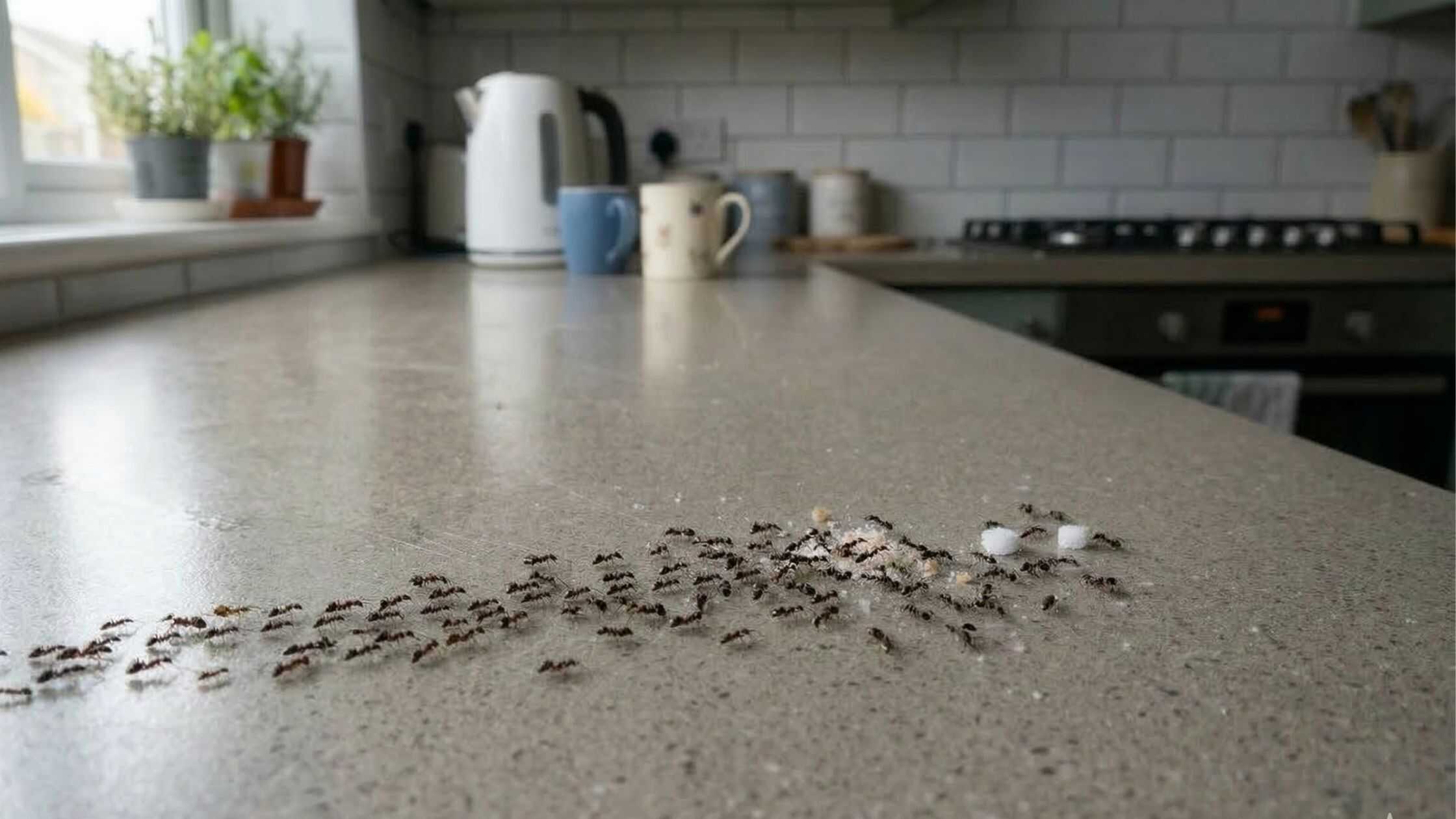 black garden ants forming a trail across a kitchen worktop in a home