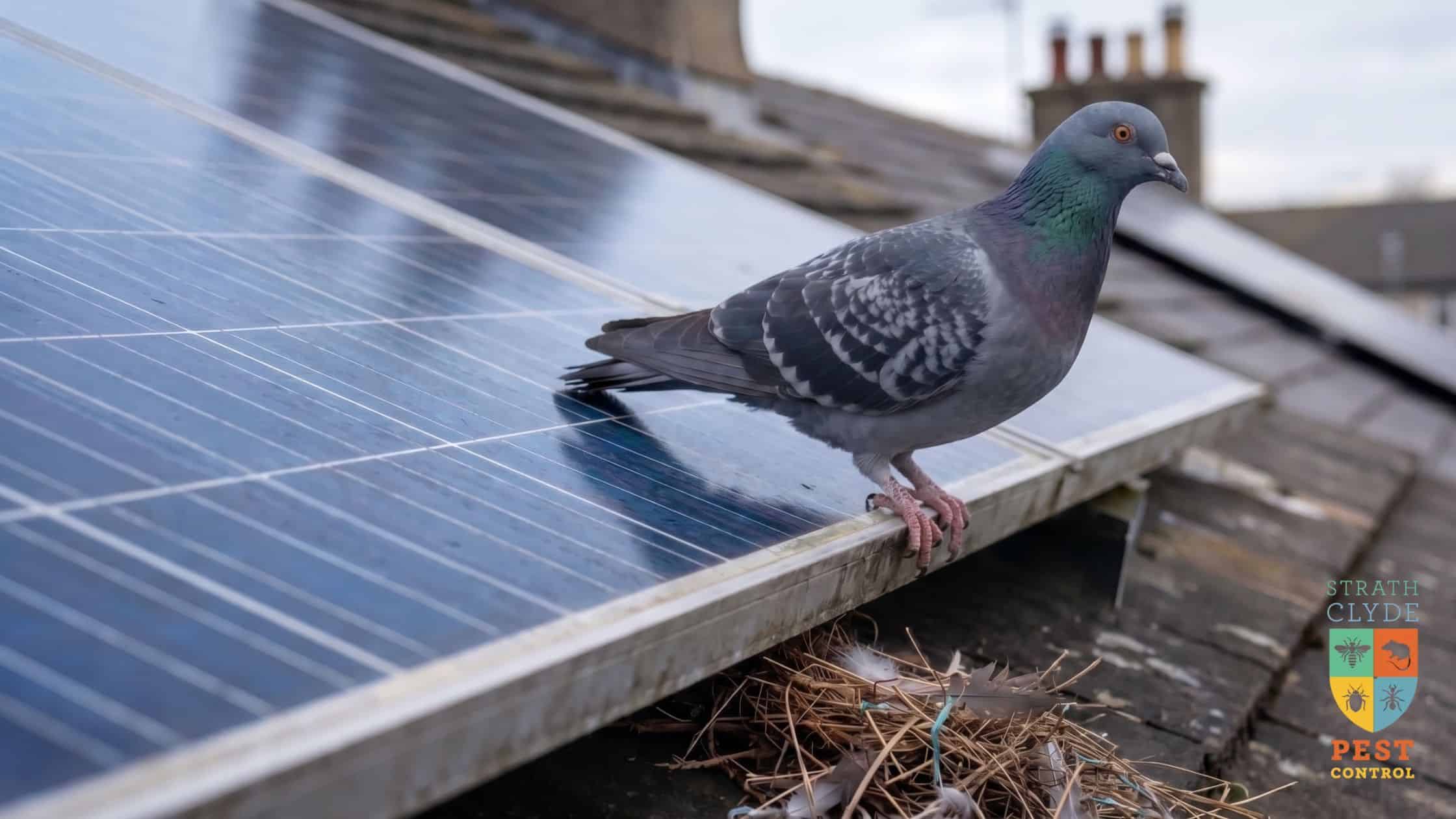 Birds nesting under solar panels on a residential rooftop in East Kilbride