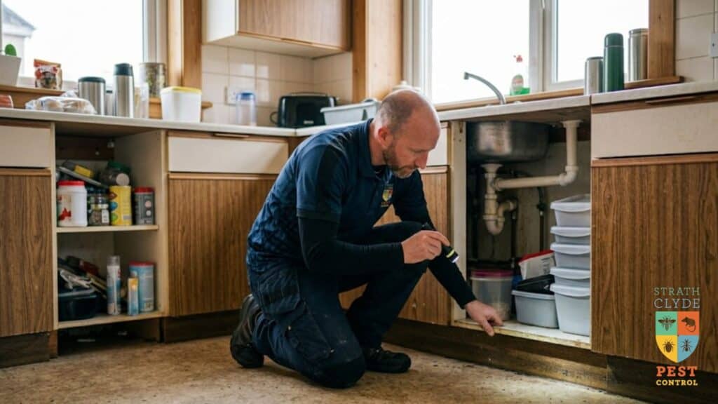 Pest Control Technician Mouse Inspection Glasgow Why do mice keep coming back — Strathclyde Pest Control technician inspecting for mouse entry points