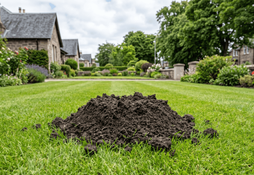 Fresh molehill on a garden lawn in Jackton — mole control service by Strathclyde Pest Control