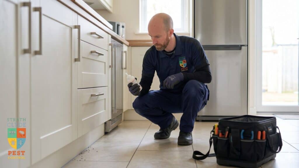 Pest Control Technician Ant Treatment East Kilbride Strathclyde Pest Control technician carrying out ant treatment in an East Kilbride kitchen